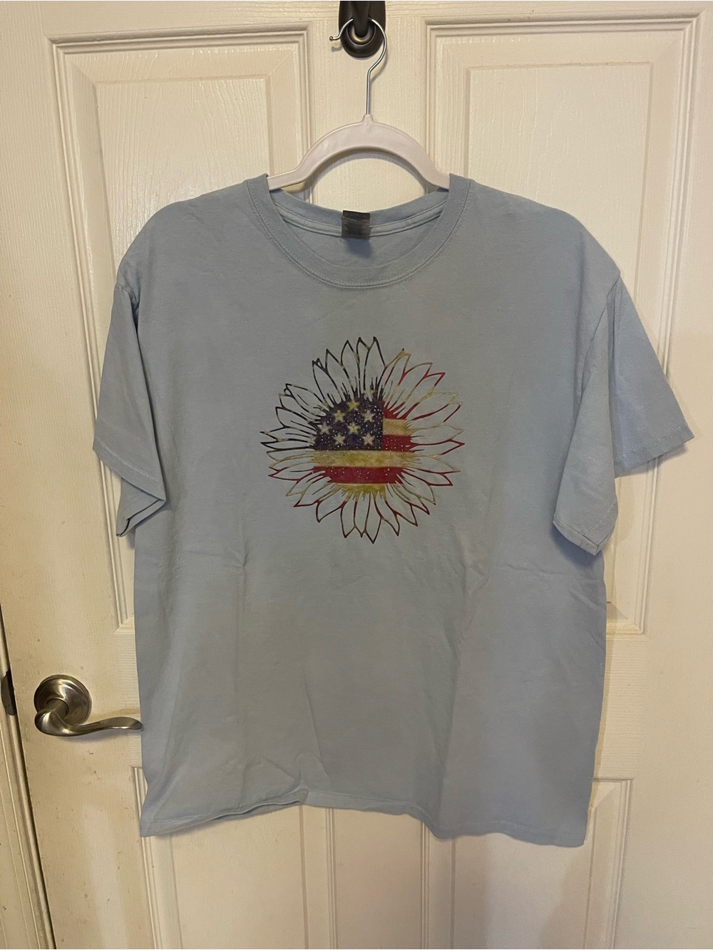 Light Blue Sunflower American Flag Graphic Tee - Women’s